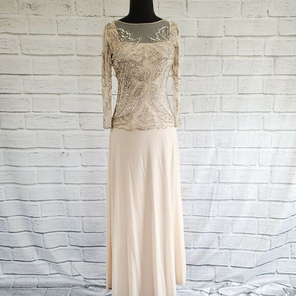 Pisarro Nights Dresses & Skirts - Pisarro Nights Blush Sheer 3/4 sleeve Beaded Gown Formal Womens Size 4 Rayon